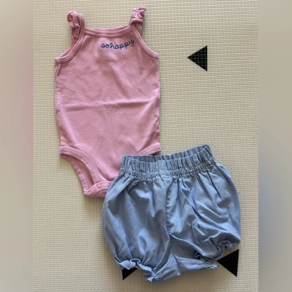 Cartet’s|Baby girl cute outfit, “So Happy” Pink Bodysuit and Blue Shorts Set•••
